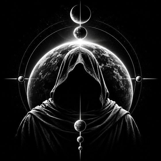 Stylized black-and-white illustration, not a photograph: a hooded figure with no visible face in front of a planet, with an orbital ring and small planets along a central axis, used as Matthew Kardjian's founder emblem.